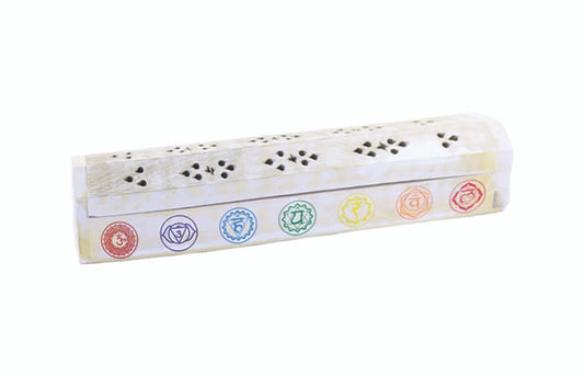 WHITE 7 CHAKRAS WOODEN INCENSE COFFIN BOX (12″)