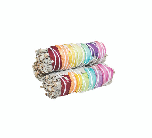 4″ SEVEN CHAKRAS ROSE PETALS WHITE SAGE SMUDGE STICK