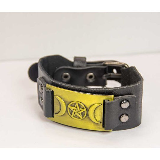 Triple Moon Black Vegan Leather Adjustable Bracelet