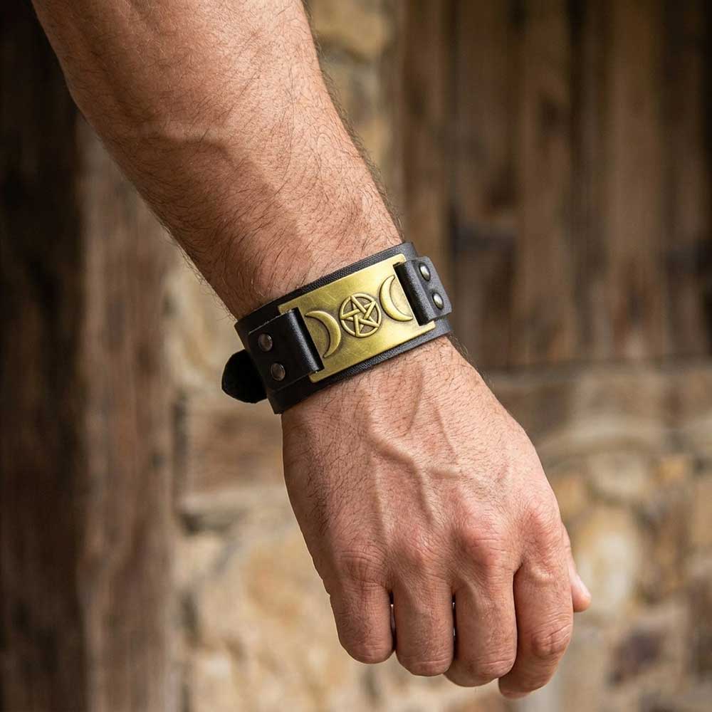 Triple Moon Black Vegan Leather Adjustable Bracelet