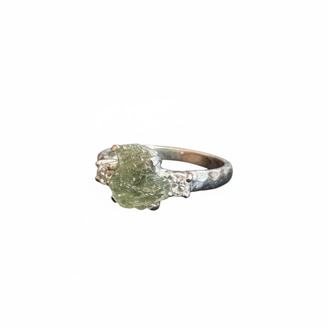 Moldavite Natural & 2 White Topaz .925 Sterling Silver Ring Size 9