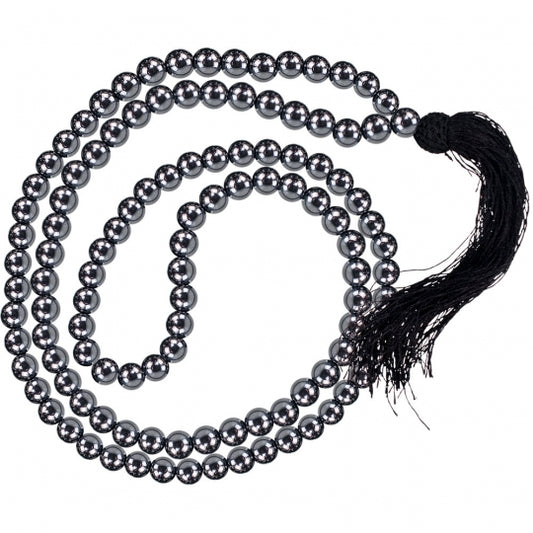 Hematite 8mm 108 Round Beaded Mala With Red Tassel 33-37" Long
