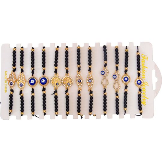 Black Bead with Evil Eye Gems Assorted Design Adjustable String Bracelets