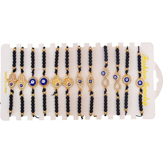 Black Bead with Evil Eye Gems Assorted Design Adjustable String Bracelets