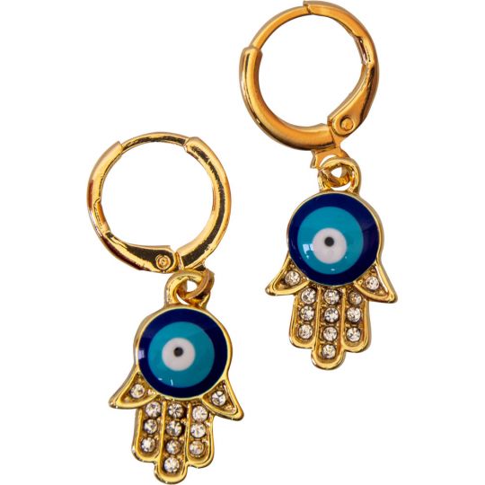 Hamsa Fatima Hand W/ Gems Evil Eye Earrings Gold Plated Copper