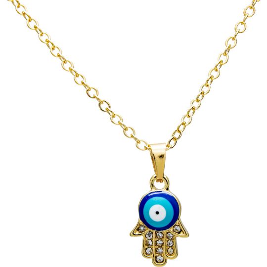 Evil Eye Fatima Hamsa Hand with Gems Necklace Gold Color