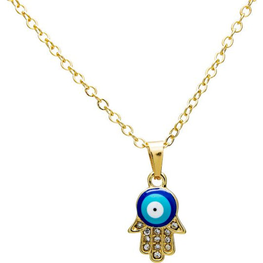 Evil Eye Fatima Hamsa Hand with Gems Necklace Gold Color