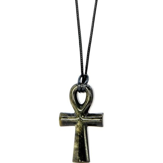 Goldsheen Obsidian 55MM Gemstone Egyptian Ankh Black Cord Adjustable Necklace -