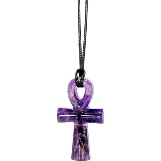 Amethyst 55MM Gemstone Egyptian Ankh Black Cord Adjustable Necklace