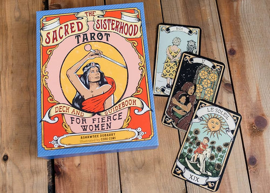 The Sacred Sisterhood Tarot by Ashawnee DuBarry & Coni Curi – 78-card deck featuring vintage-poster-style artwork with inclusive, female symbology, accompanied by an 80-page guidebook for self-care, spiritual growth, and self-actualization.
