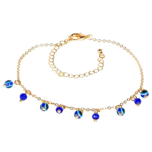 Evil Eye 9 Beads Gold Plated Adjustable Anklet