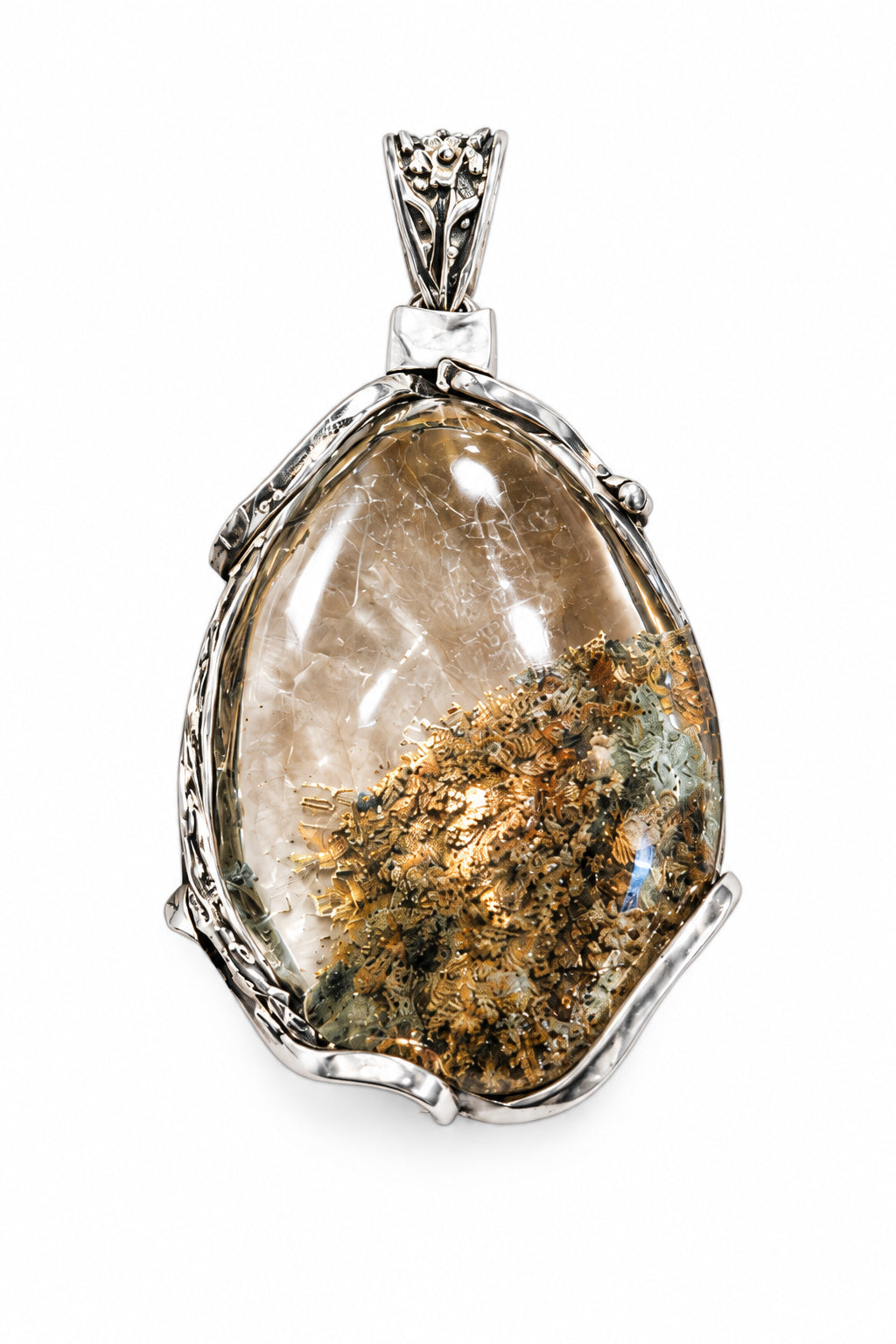 Shamanic Garden Quartz Lodolite Teardrop Cabochon Wrapped Pendant #A