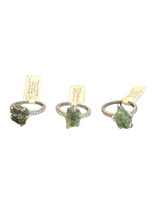 Moldavite Natural & White Topaz .925 Sterling Silver Ring Size 9