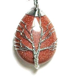 Red Goldstone Wire Tree Of Life Tear Drop Pendant