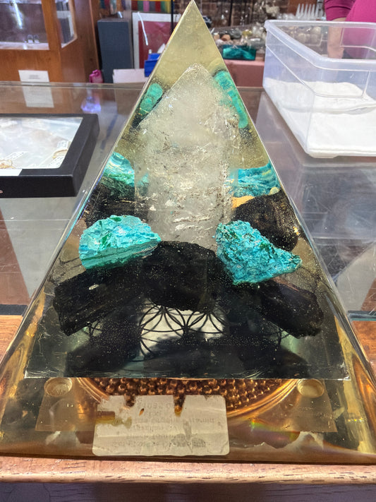 Conglonese Chrysocolla, Black Tourmaline, Brazilian Quartz 6.5” Giza Orgona Pyramid