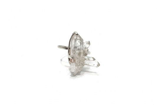Rutilated Quartz Quartz Cluster Claw Set Beated Band Sterling Silver Ring Size 9