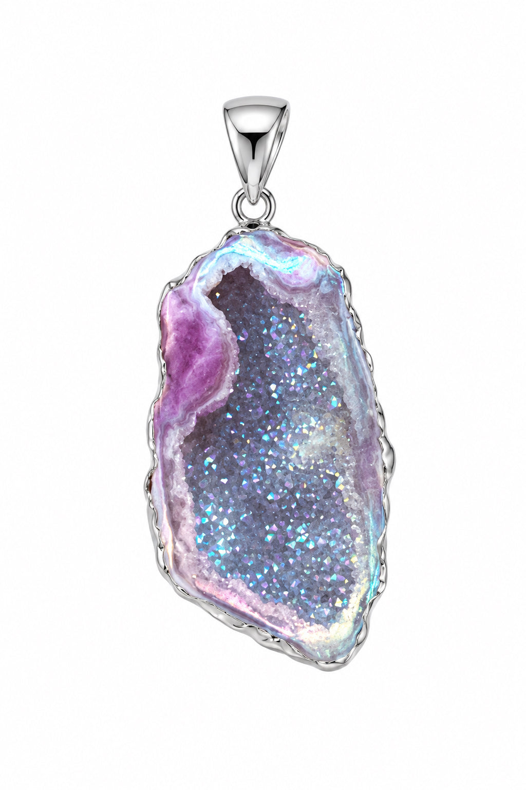 Angel Aura Druzy Agate Geode Natural Back Claw Set Sterling Silver Pendant