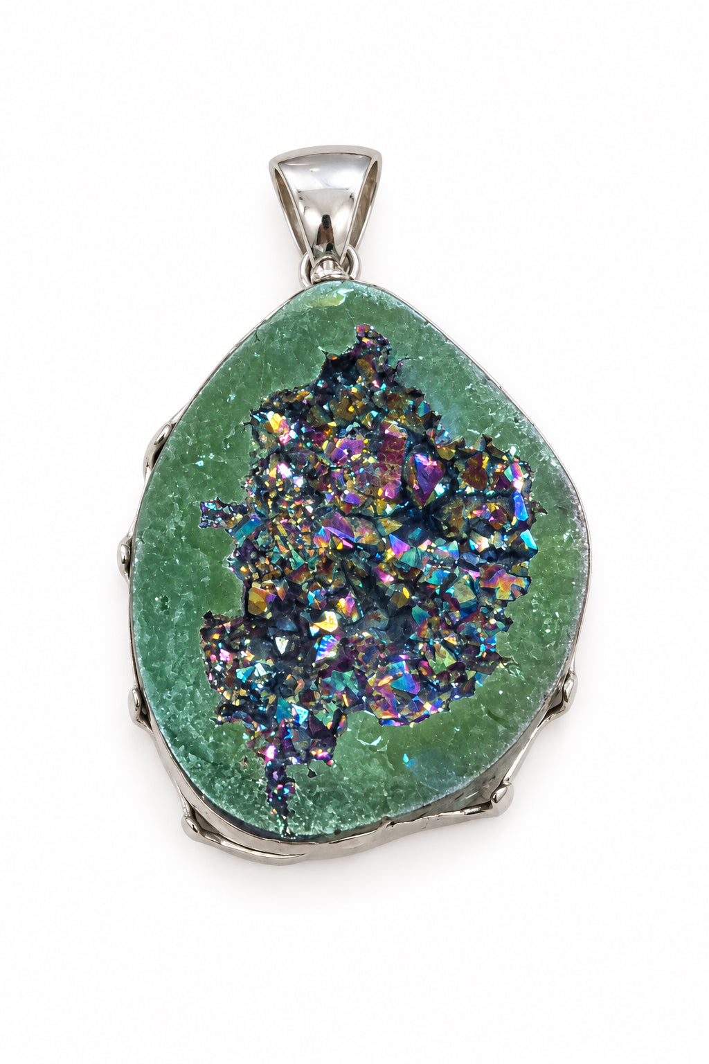 Titanium Aura Druzy Agate Geode Spiral Back Claw Set Sterling Silver Pendant Heavy