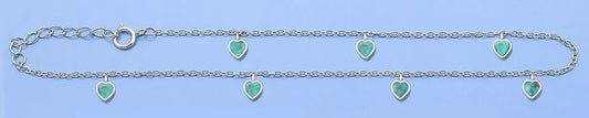 Turquoise Heart Charms .925 Sterling Silver Anklet