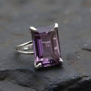 Amethyst Faceted Oval / Rectangle Claw Set Sterling Silver Ring Size 10