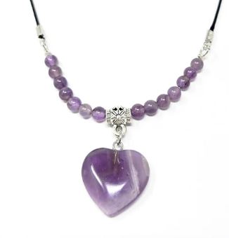 Amethyst Heart With Beads Choker On Black Cord Clasp Necklace