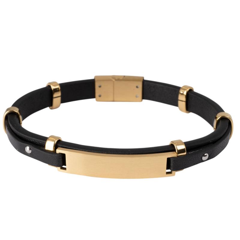 STAINLESS GOLD TONES & BLACK WITH FAUX LEATHER BAND BRACELET
