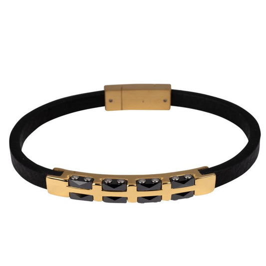 STAINLESS STEEL GOLD & BLACK WITH FAUX LEATHER BAND BRACELET