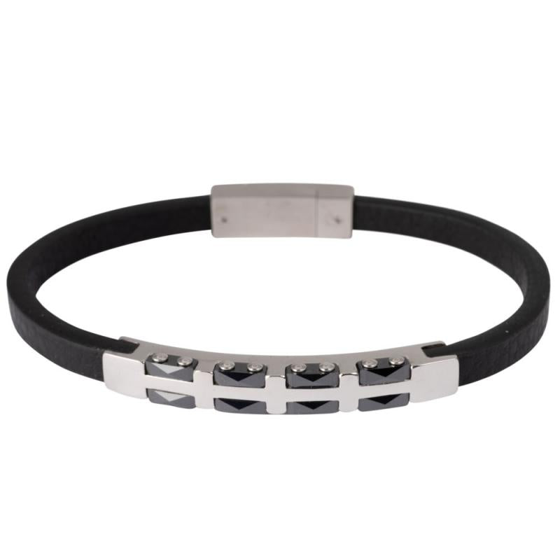 STAINLESS Steel SILVER & BLACK WITH FAUX LEATHER BAND BRACELET