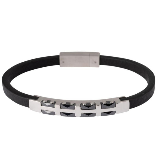 STAINLESS Steel SILVER & BLACK WITH FAUX LEATHER BAND BRACELET