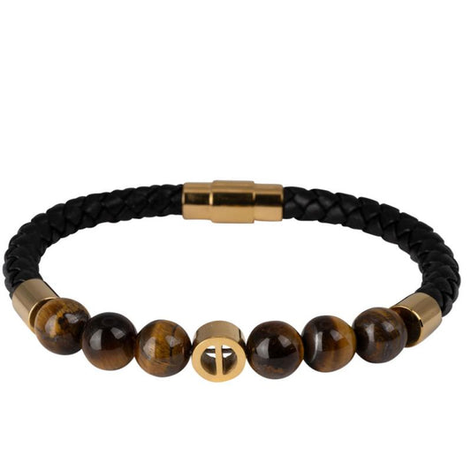TIGER EYE & STAINLESS STEEL GOLD WITH FAUX LEATHER BAND BRACELET