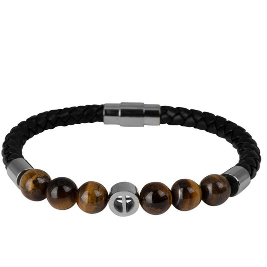TIGER EYE & STAINLESS STEEL SILVER WITH FAUX LEATHER BAND BRACELET