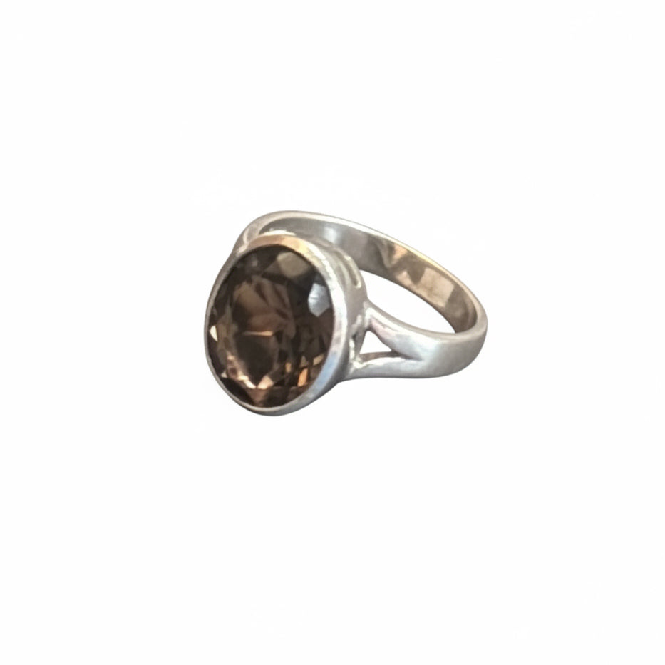 Smoky Quartz Oval Facetated Silver Ring Size 6