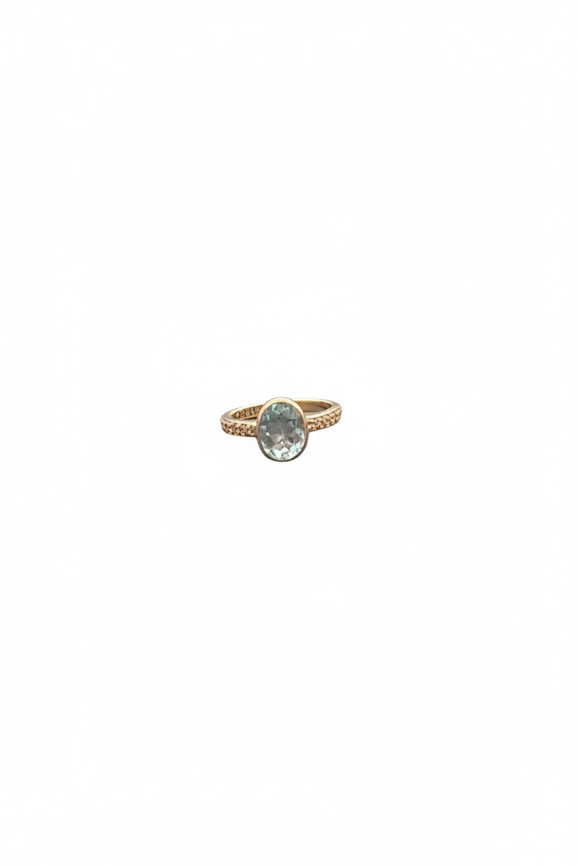 Blue Topaz with White Topaz On Band Silver Ring Size 9