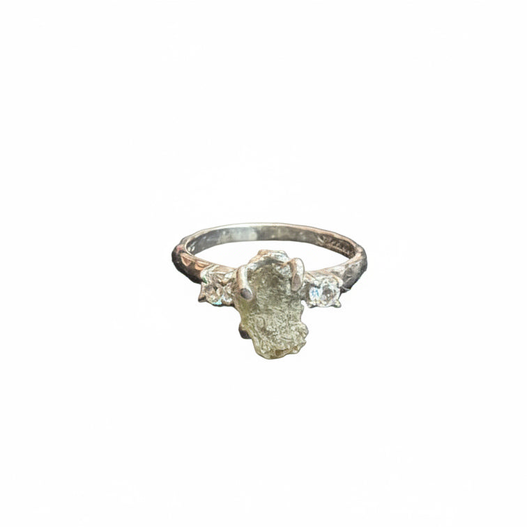Moldavite Natural & 2 White Topaz .925 Sterling Silver Ring Size 9