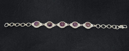 Amethyst 5 Stone Round Cab Plated Brass Link Bracelet 8"