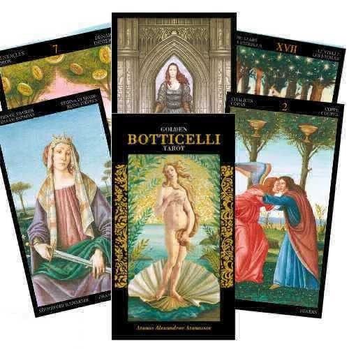 Botticelli Tarot Cards – elegant tarot deck inspired by Renaissance art, featuring golden highlights and divine beauty.
