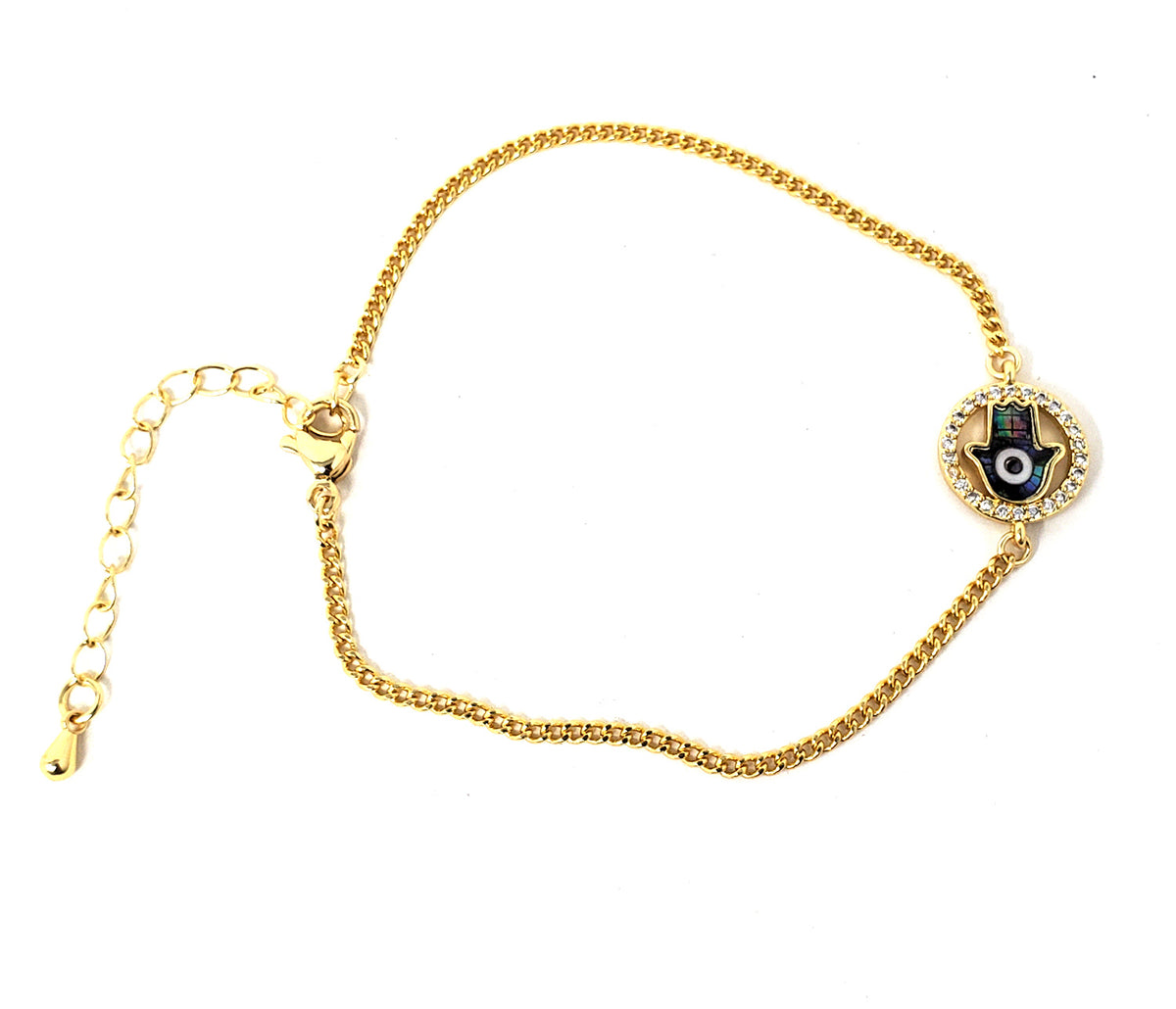 Hamsa Hand Abalone With Evil Eye & CZ Stones Plated Brass Chain Bracelet