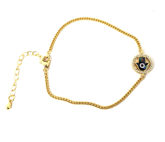 Hamsa Hand Abalone With Evil Eye & CZ Stones Plated Brass Chain Bracelet