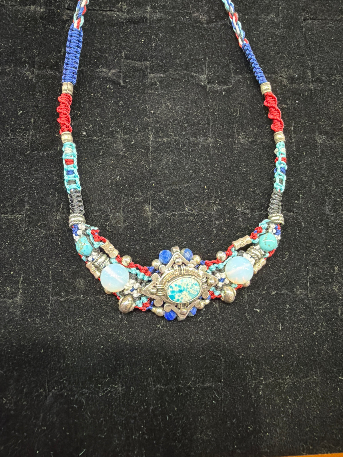 Turquoise W/Opalite Tribal Necklace .925 Silver Indonesian Handmade