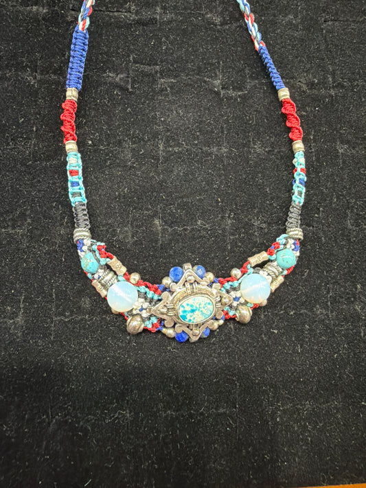 Turquoise with Opalite Tribal Necklace .925 Silver Indonesian Handmade