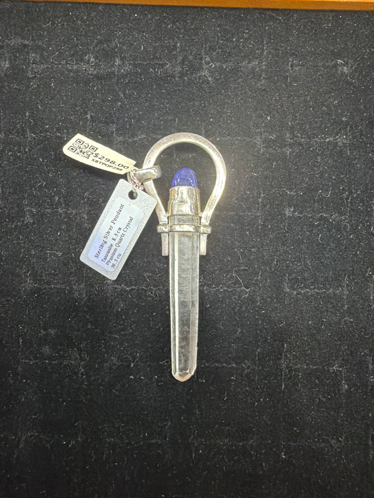 Tanzanite & Phantom Quartz Point Cap Set Sterling Silver Pendant