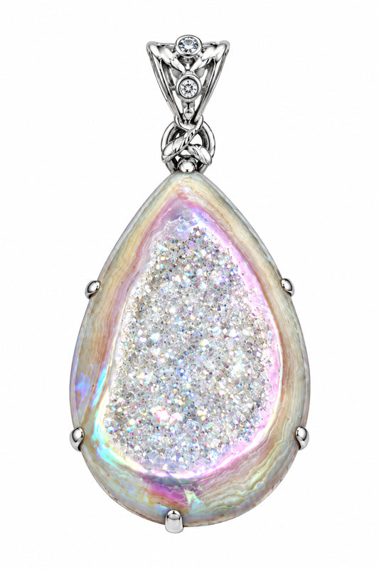 Angel Aura Druzy Quartz with Topaz Accent Stone Spiral Back .925 Silver Pendant