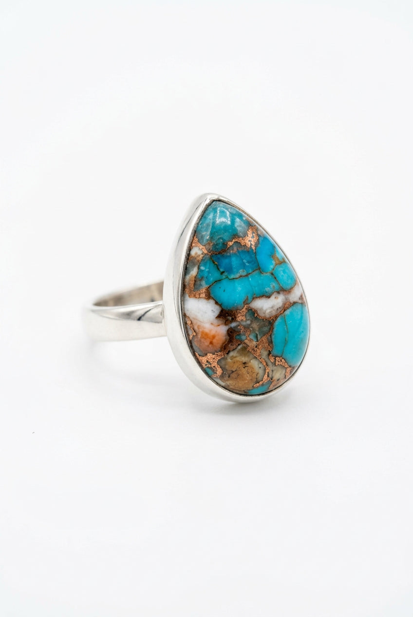 Kingman Spiny Oyster Turquoise Drop Cab .925 Silver Ring Size 8