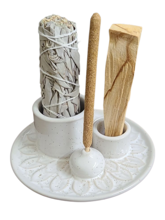 Sand Dust White Ceramic Burner Style # 20C - 5" (Smudge Stick, Palo Santo Wood & Incense Burner)