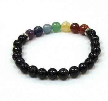 Blue Goldstone With Chakra Stones 8MM Round Beaded Bracelet