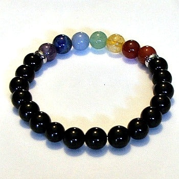 Black Onyx With Chakra Stones 8MM Round Beaded Bracelet