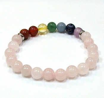Rose Quartz With Chakra Stones 8MM Round Beaded Bracelet