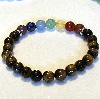 Tiger Eye With Chakra Stones 8MM Round Beaded Bracelet