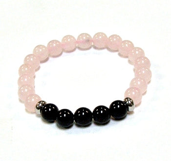 Rose Quartz With Five Black Onyx 8MM Round Beaded Bracelet