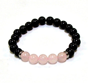 Black Onyx With Five Rose Quartz 8MM Round Beaded Bracelet
